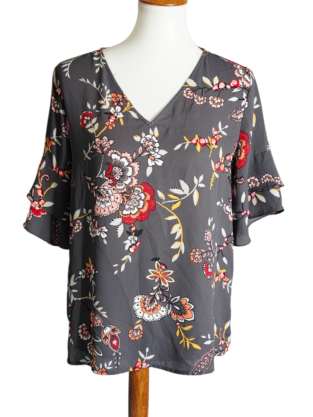LOFT Gray Floral V-Neck Ruffle Sleeve Blouse